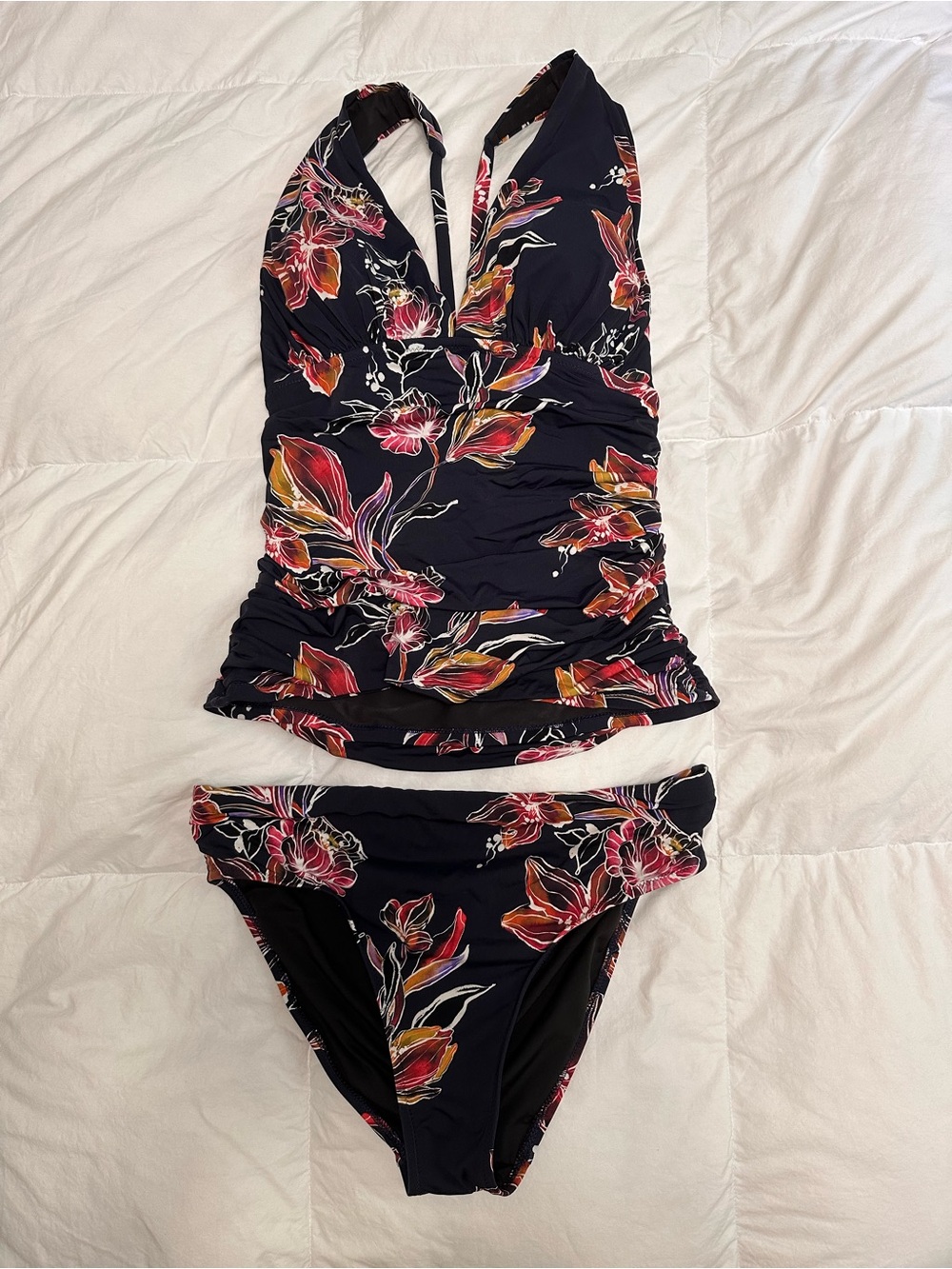 Garnet Hill Navy Floral Tankini with Pink and Orange Accents